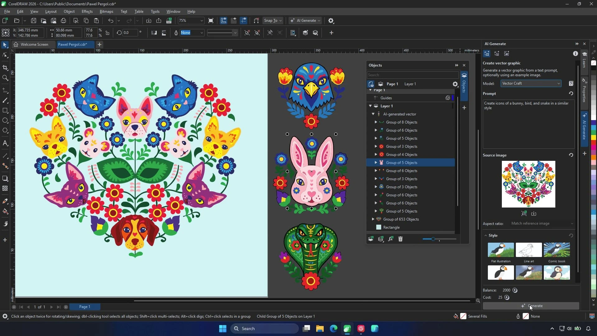 Скриншот CorelDRAW 2026: векторные объекты и панель AI Generate